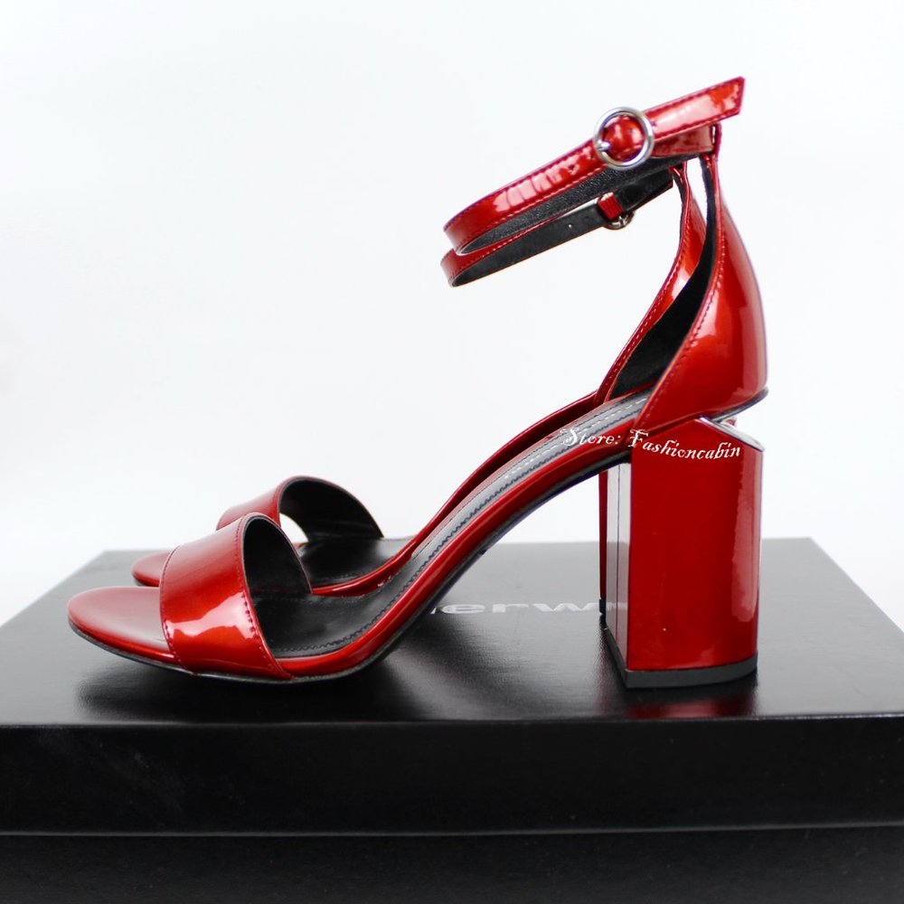 NEW ALEXANDER WANG Abby Ankle Strap Sandal, Red Patent Leather, EU 37M